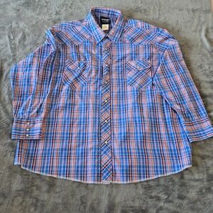 Wrangler Western Shirt Men's 3X Big Blue Orange Plaid Pearl Snap Dobby Cowboy